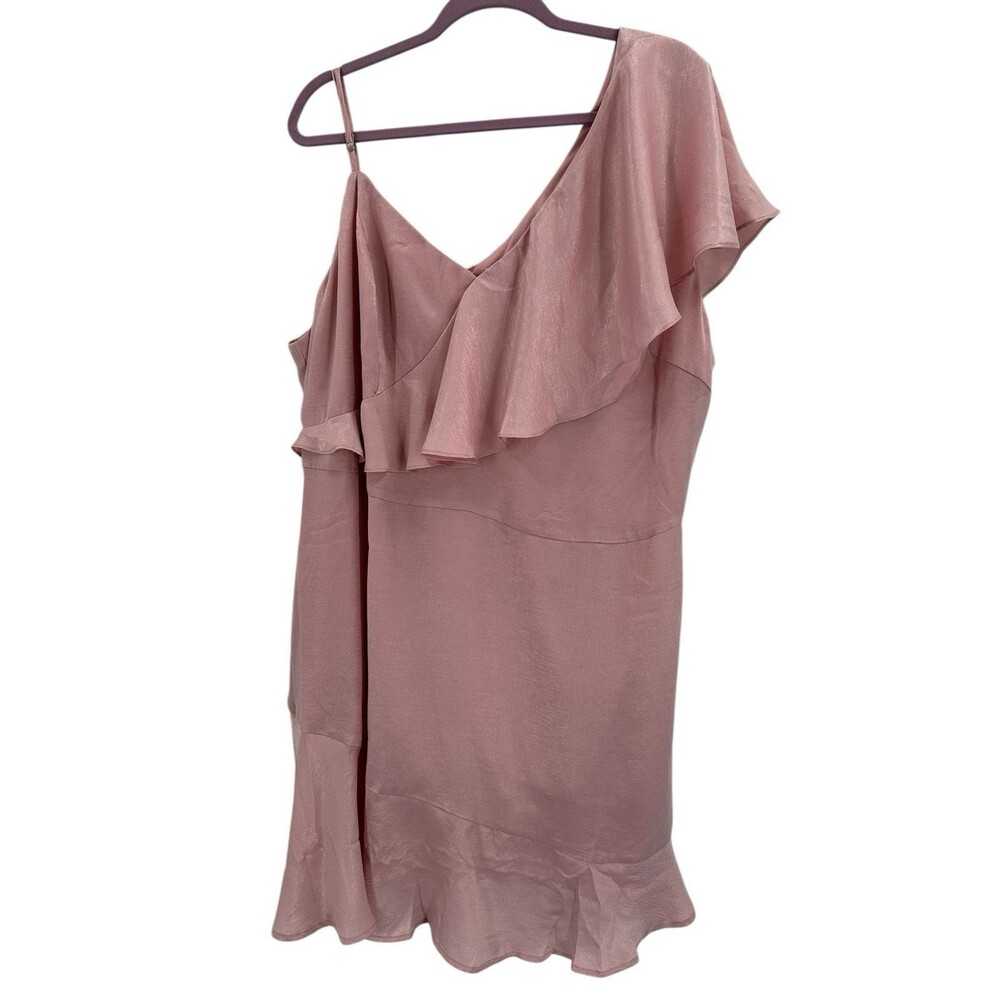 Emily Wonder Mini Dress 2X Pink Shimmer One Shoulder Ruffle Party Wedding Guest